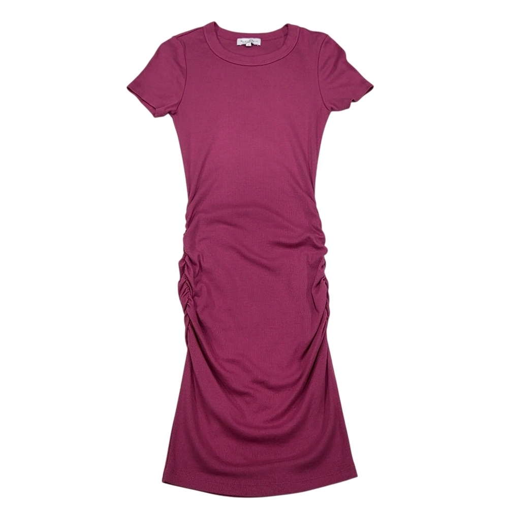 Michael Stars Katie Ribbed Short Sleeve Dress Raspberry Pink Medium - Picture 2 of 7